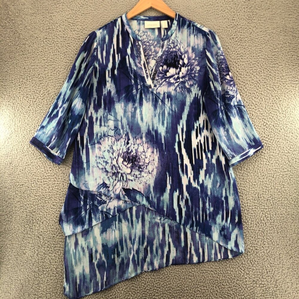 Chicos Top Womens 2 US Large Blue Floral Asymmetric Tunic Hi Low Long Sleeves